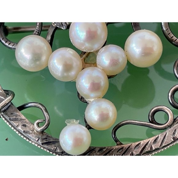 Art Deco Grape Cluster Cultured Pearl Sterling Brooch - Picture 5 of 9